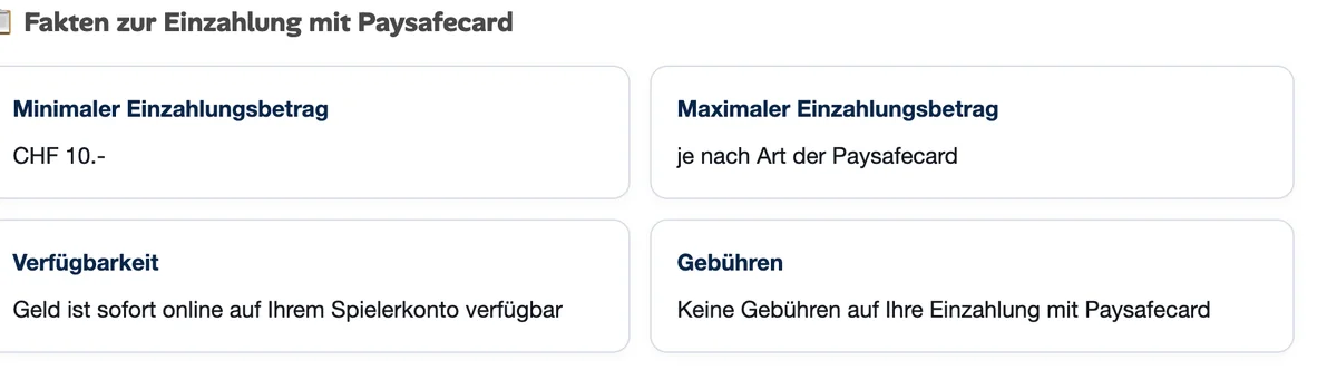 Fakten von 7melons zur Paysafecard-Einzahlung: ab CHF 10, sofort verfügbar, ohne Gebühr, Stand Oktober 2026