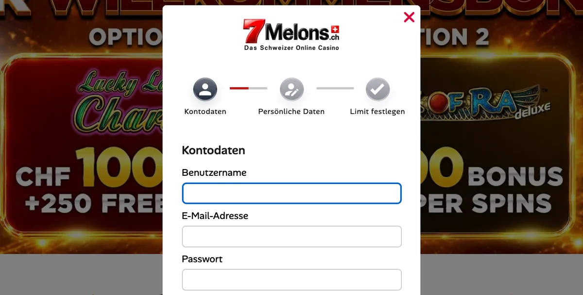 Registrierung bei 7melons, Schritt 1 von 3: Kontodaten, persönliche Daten, Limit festlegen