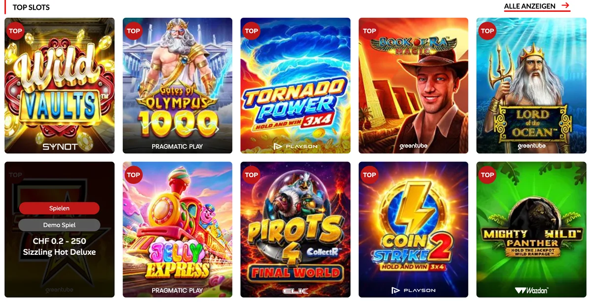 Rubrik Top Slots bei 7melons mit Demo-Knopf und Einsatzrahmen unter jedem Spiel