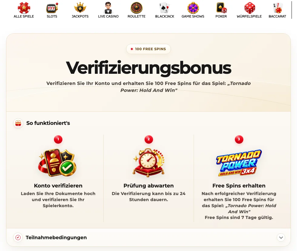 Verifizierungsbonus von 7melons: 100 Free Spins für Tornado Power: Hold And Win, 7 Tage gültig
