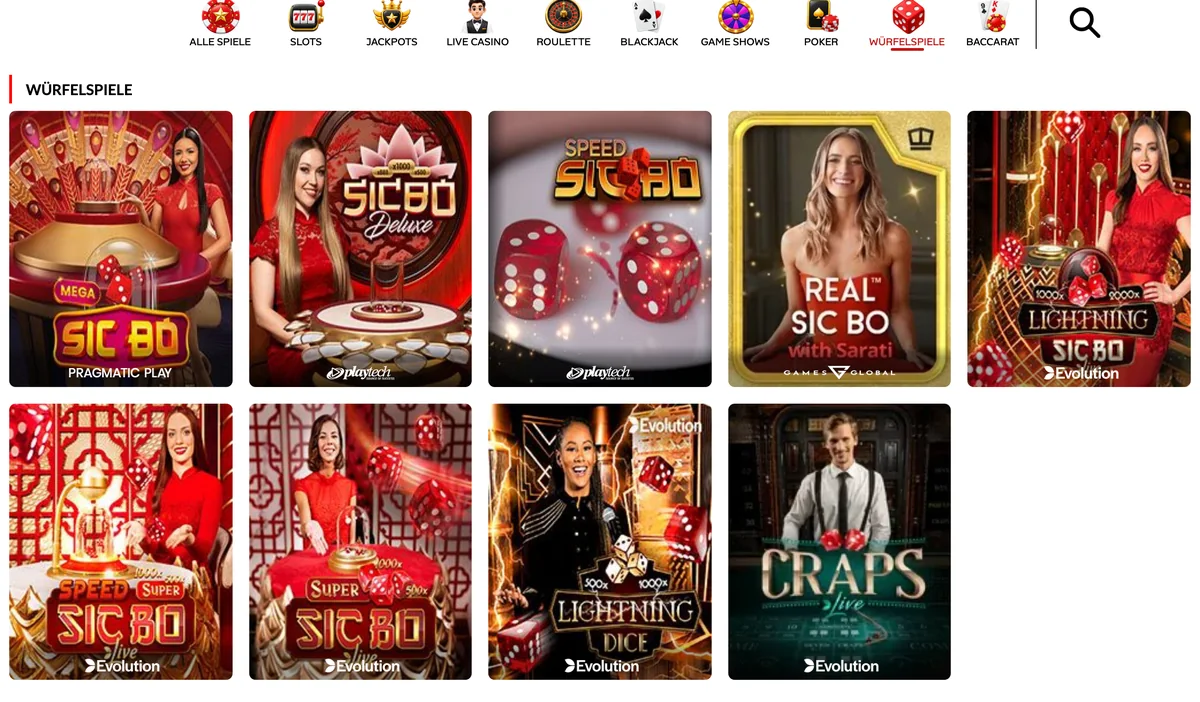 Würfelspiele bei 7melons mit Live-Craps und Sic Bo, daneben die Rubriken Poker und Baccarat