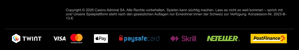 Fusszeile von Admiral mit Casino Admiral SA, Konzession Nr. 2023-B-13-E und Zahlungsarten