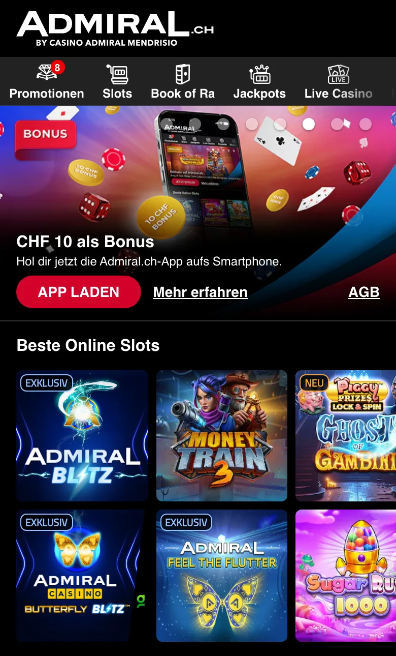 Admiral in der mobilen Ansicht auf dem Smartphone mit dem App-Bonus von CHF 10