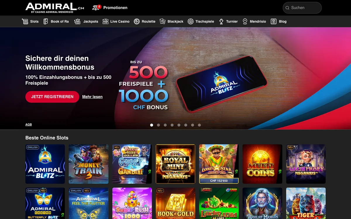 Startseite von Admiral, dem Online Casino des Casino Mendrisio, mit Willkommensbonus