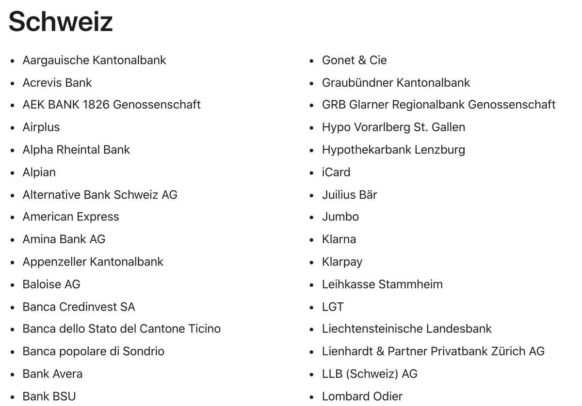 Apple-Liste der Schweizer Banken und Kartenherausgeber mit Apple Pay, Stand Oktober 2026