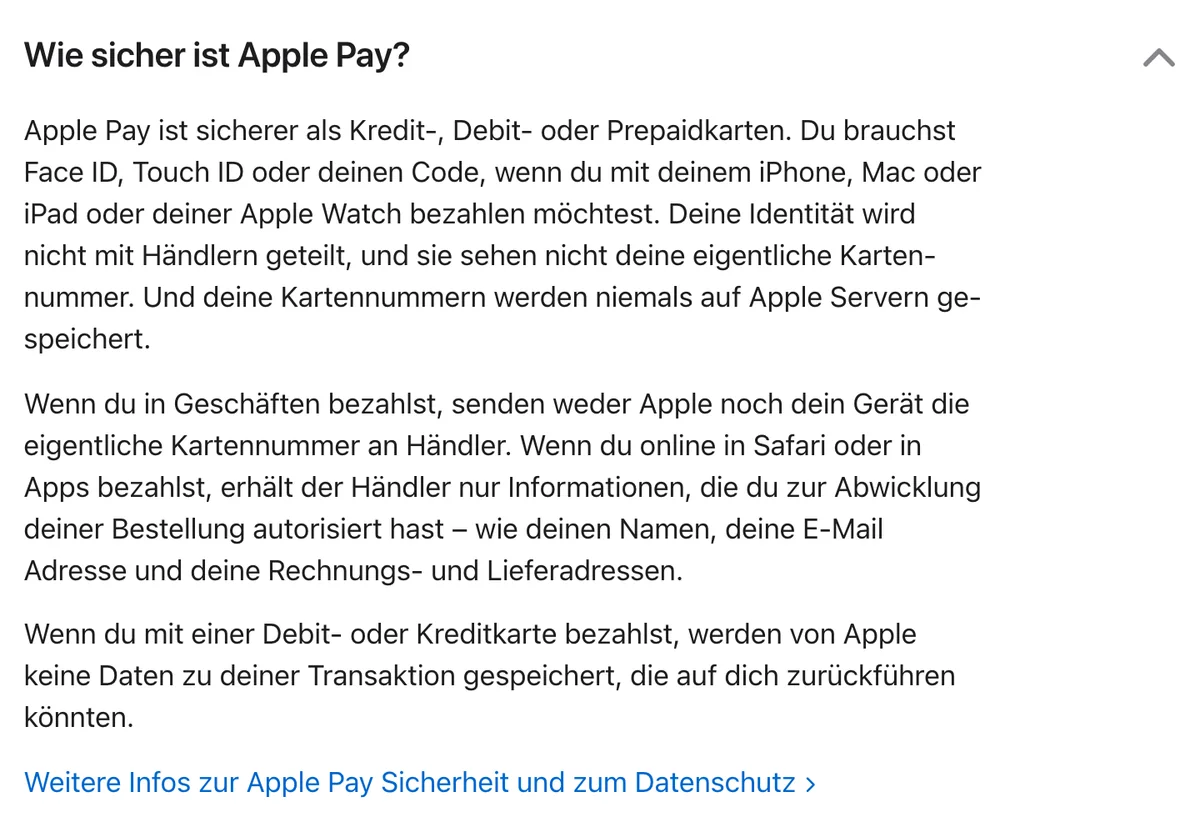 Apple zur Frage «Wie sicher ist Apple Pay?»: Händler erhalten nur die für die Bestellung freigegebenen Angaben
