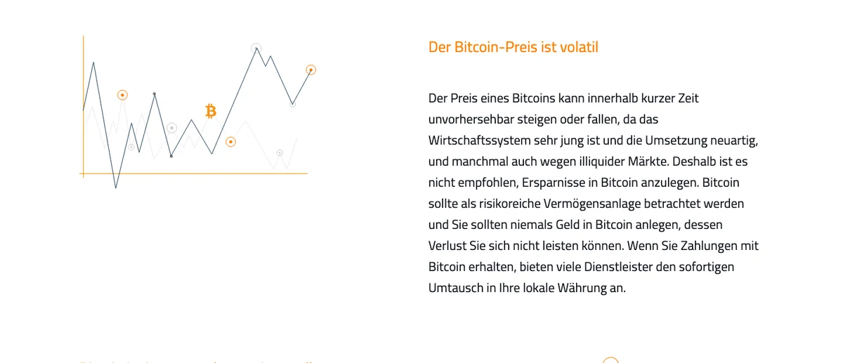 Abschnitt «Der Bitcoin-Preis ist volatil» auf bitcoin.org: Warnung vor unvorhersehbaren Kursschwankungen