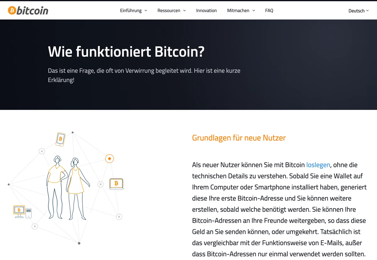 Seite «Wie funktioniert Bitcoin?» auf bitcoin.org: Die Wallet erzeugt die erste Bitcoin-Adresse, Adressen nur einmal verwenden