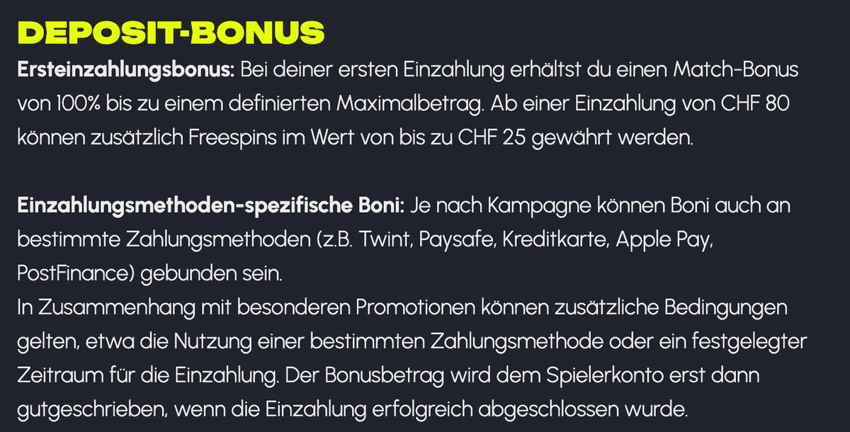 Bonusbedingungen von Casineo: Boni je nach Kampagne an Zahlungswege wie TWINT, Kreditkarte oder Apple Pay gebunden, Stand Oktober 2026