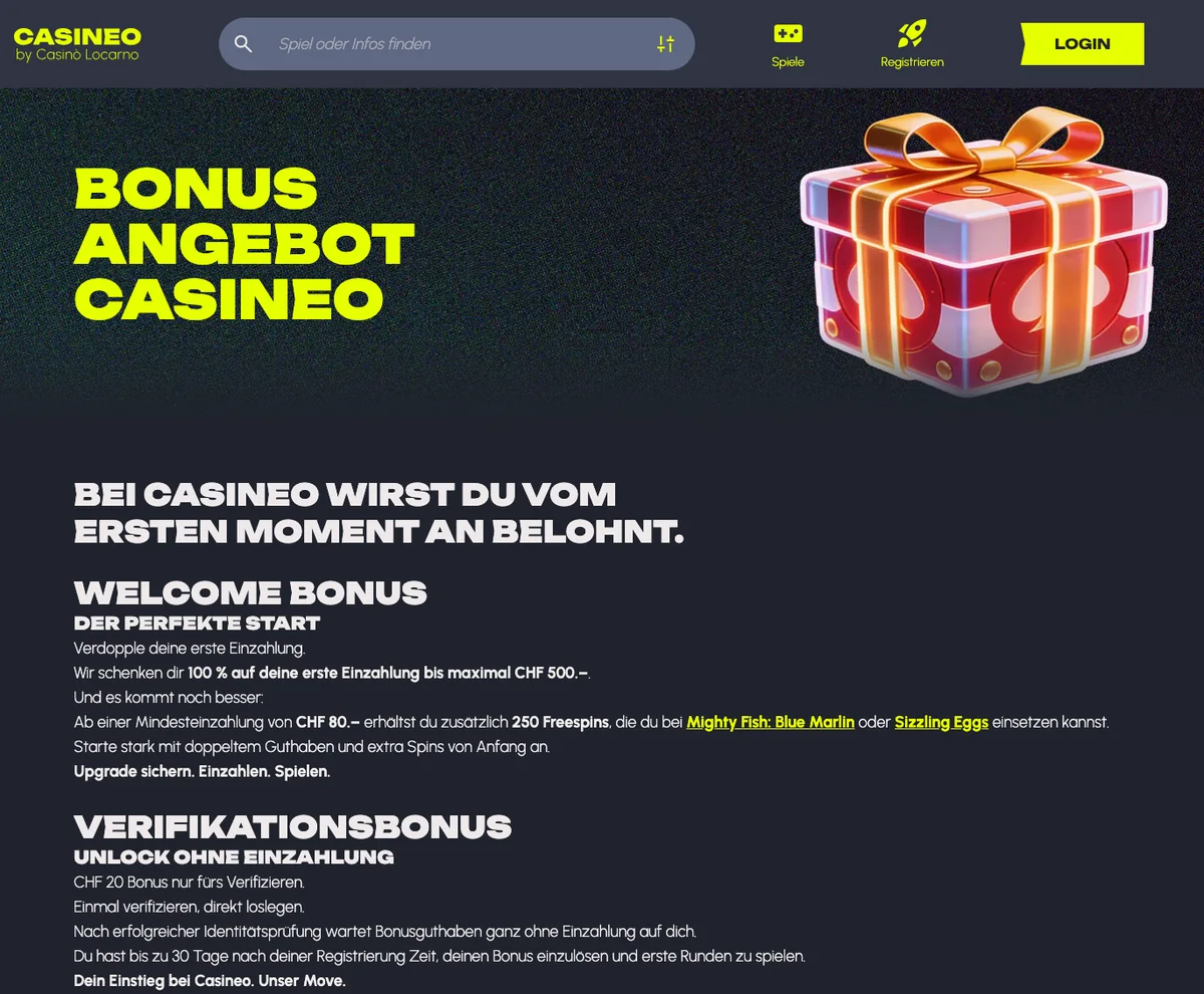 Bonusseite von Casineo: 100 % bis CHF 500, 250 Freispiele und CHF 20 für die Verifizierung, Stand Oktober 2026
