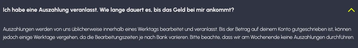 Casineo-Hilfe: Bearbeitung meist innert eines Werktags, am Wochenende keine Auszahlungen