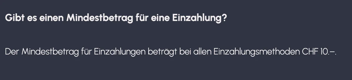 Antwort von Casineo: Mindestbetrag für Einzahlungen bei allen Methoden CHF 10