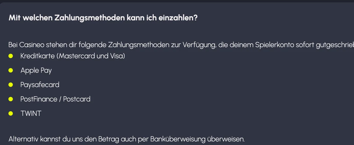 Hilfe von Casineo: Einzahlung mit Karte, Apple Pay, Paysafecard, PostFinance und TWINT, alternativ per Banküberweisung