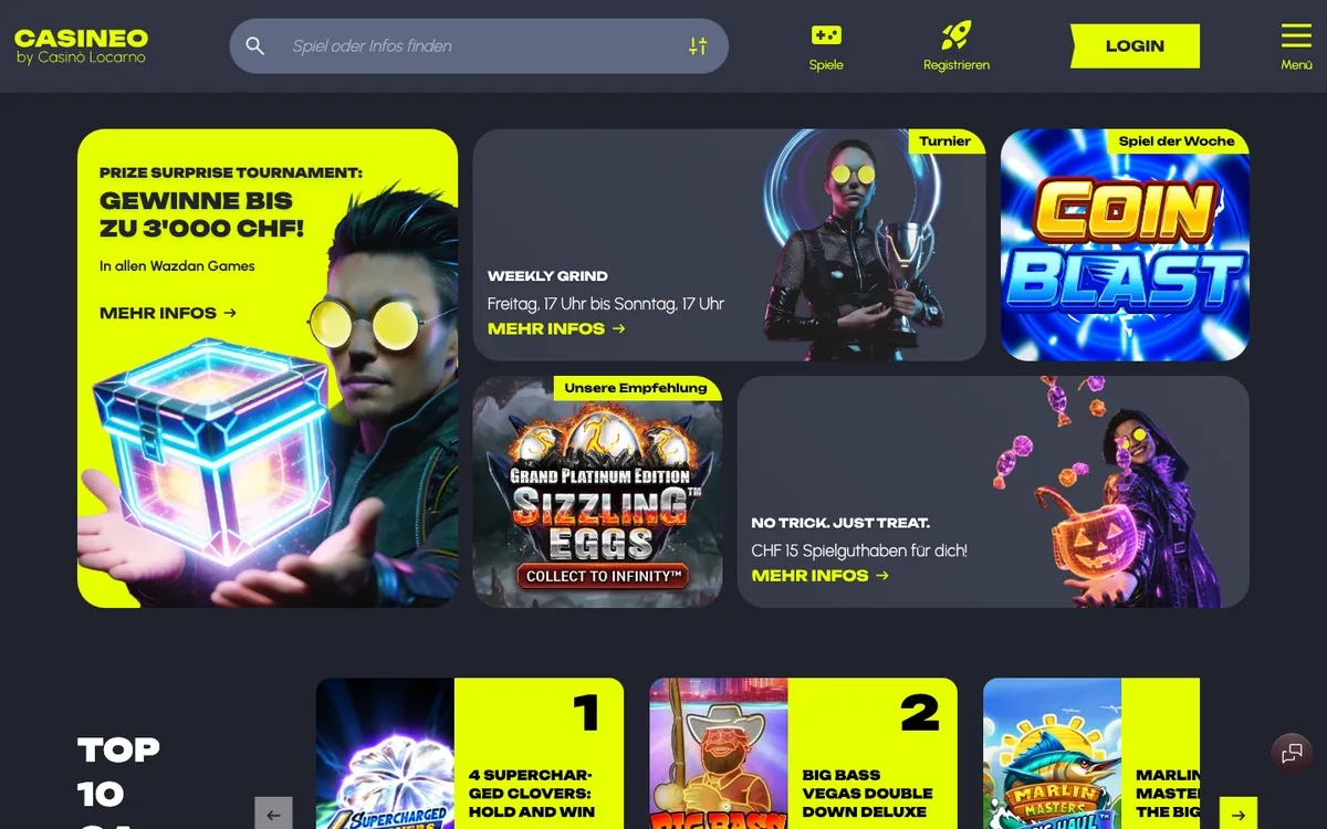 Startseite von Casineo, dem Online Casino des Casino Locarno, Stand Oktober 2026