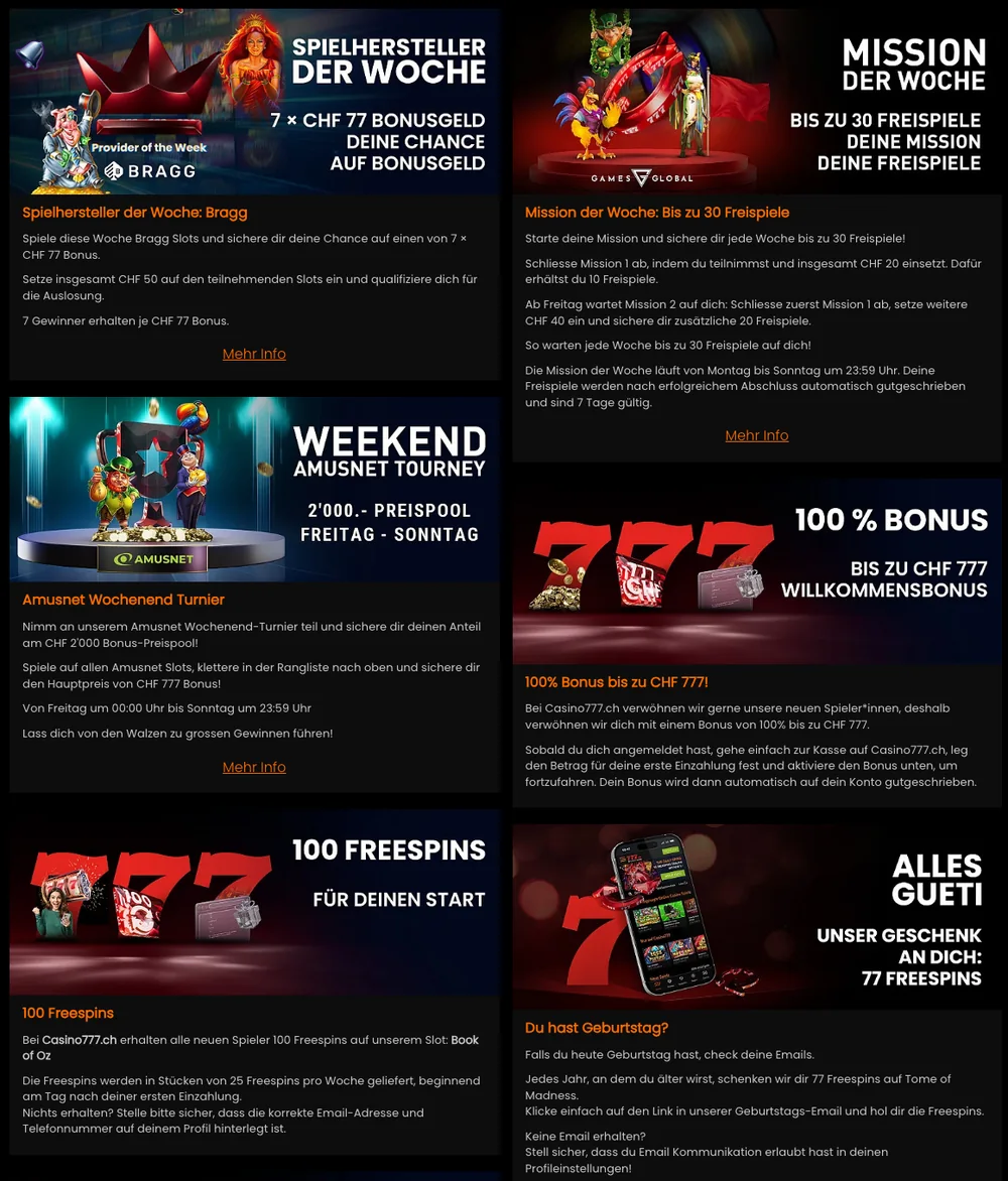 Aktionsseite von Casino777: Mission der Woche, 100 Freespins zum Start und 77 Freespins zum Geburtstag