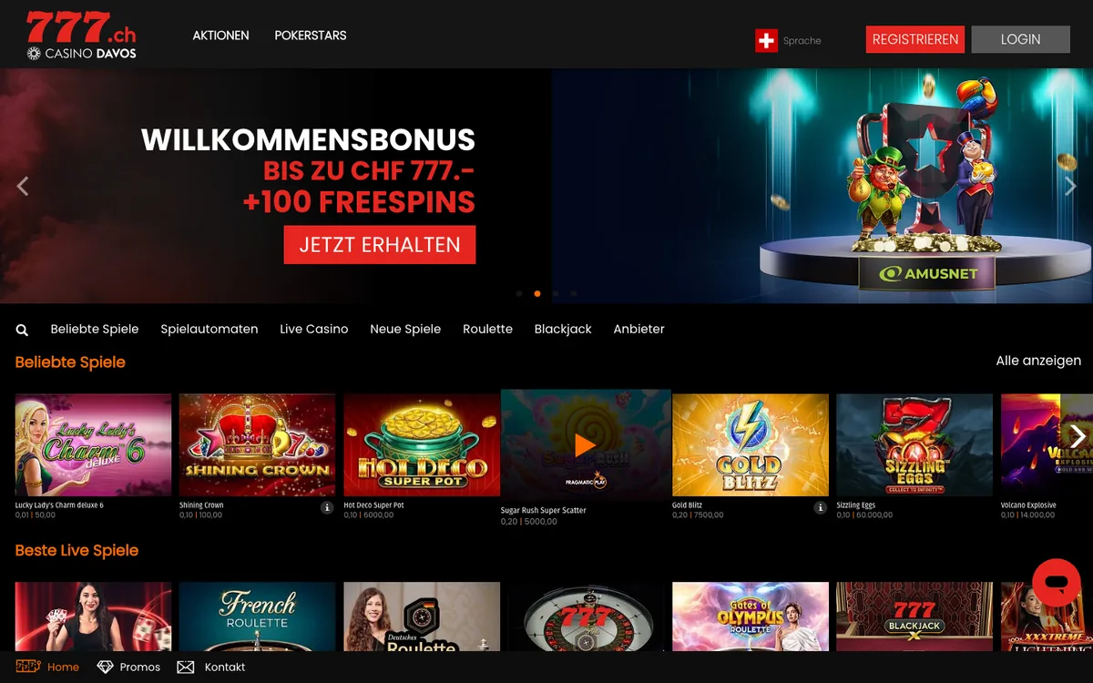 Lobby von Casino777 mit Willkommensbonus, Spielautomaten und Live-Tischen