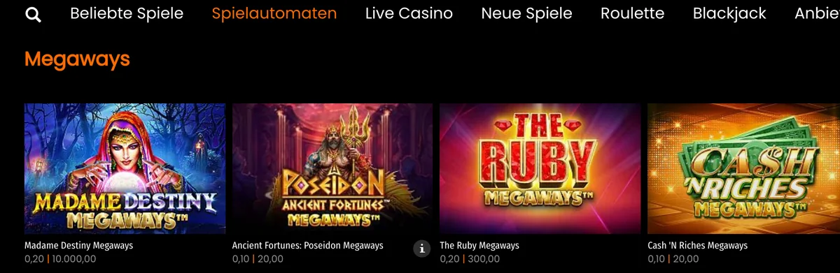 Megaways-Slots in der Lobby von Casino777 mit Einsatzrahmen unter jedem Titel
