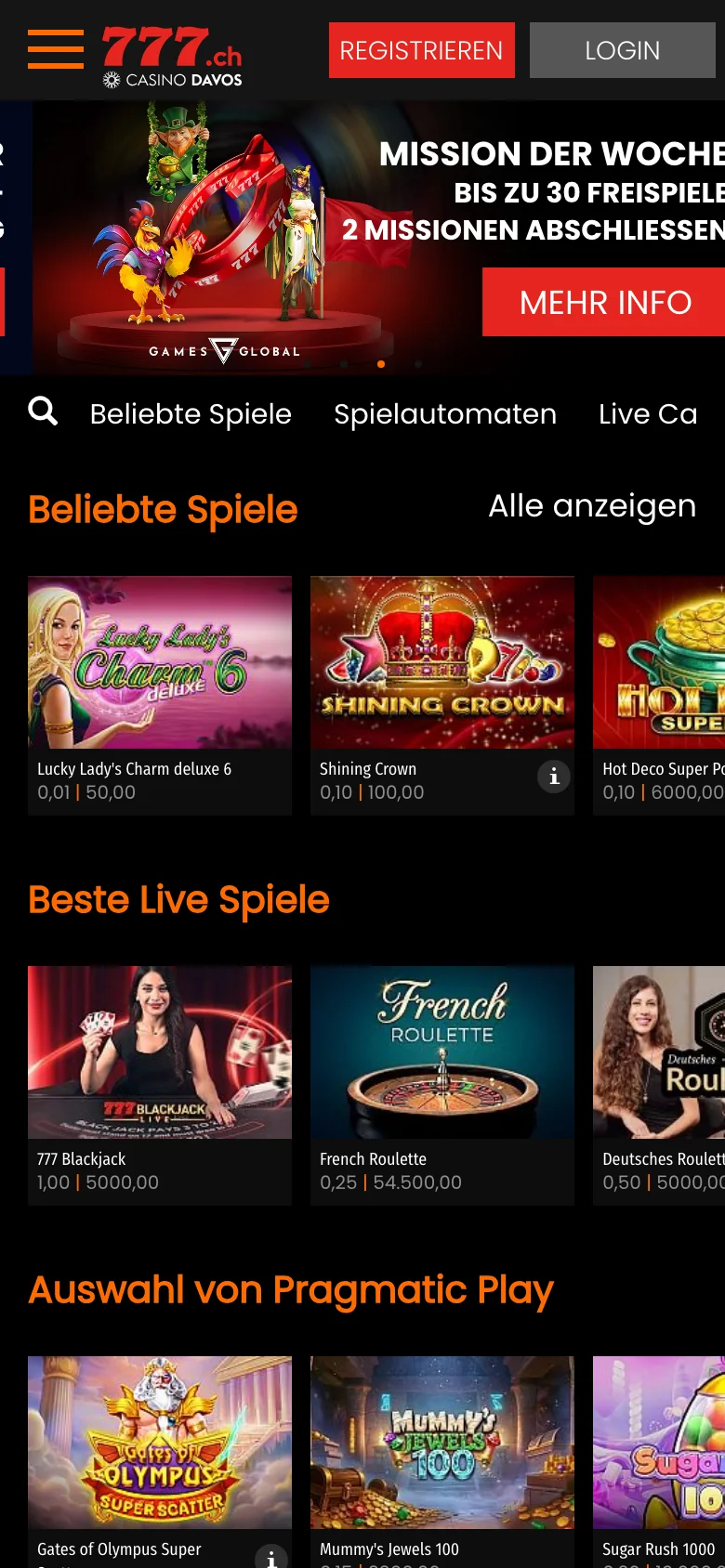 Casino777 im Smartphone-Browser, ohne App, Breite 390 Pixel