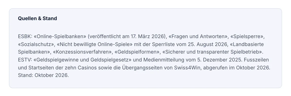 Block «Quellen & Stand» mit geprüften Quellen und Stand am Ende einer Seite von CasinoButler