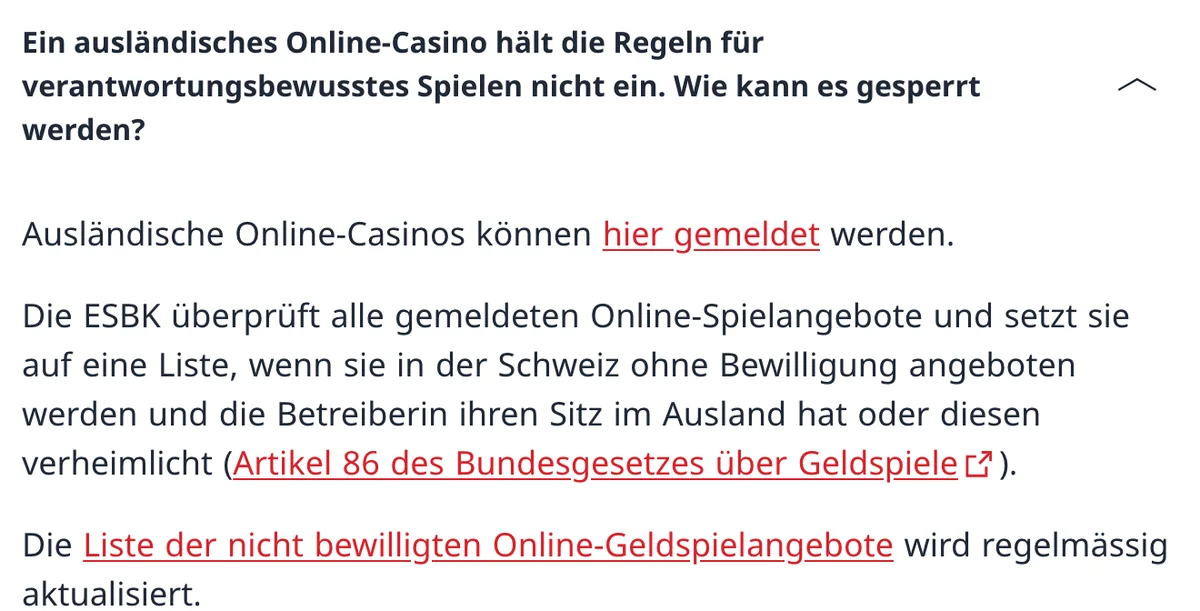 ESBK: Ausländische Online-Casinos ohne Bewilligung kommen nach Artikel 86 des Geldspielgesetzes auf die Sperrliste