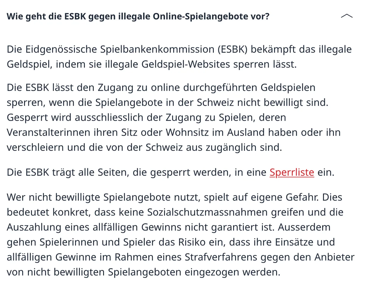 ESBK zu nicht bewilligten Online-Spielangeboten: Sperre und Sperrliste, Spiel auf eigene Gefahr, Auszahlung nicht garantiert