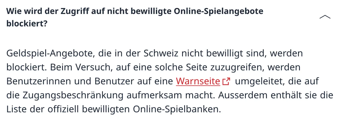 ESBK: Nicht bewilligte Online-Spielangebote werden blockiert und leiten auf eine Warnseite mit der Liste der bewilligten Spielbanken um