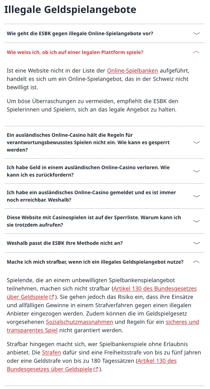 ESBK-Antworten zu nicht bewilligten Online-Spielangeboten: Liste prüfen, Einsätze und Gewinne können eingezogen werden