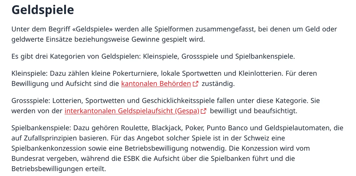 ESBK-Seite zu den Geldspielformen: Roulette gehört mit Blackjack und Poker zu den Spielbankenspielen