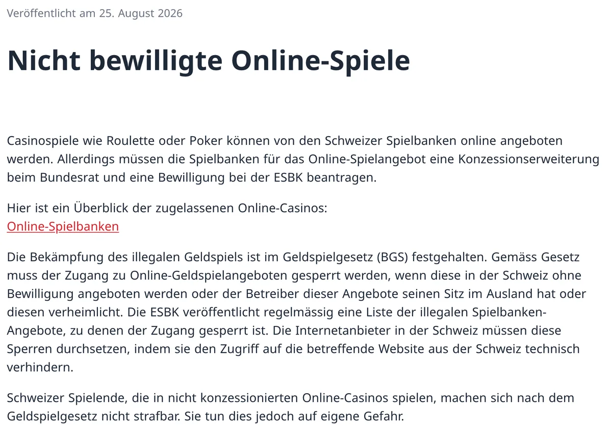 ESBK zu nicht bewilligten Online-Spielen: Internetanbieter sperren den Zugang, Spielende tun es auf eigene Gefahr