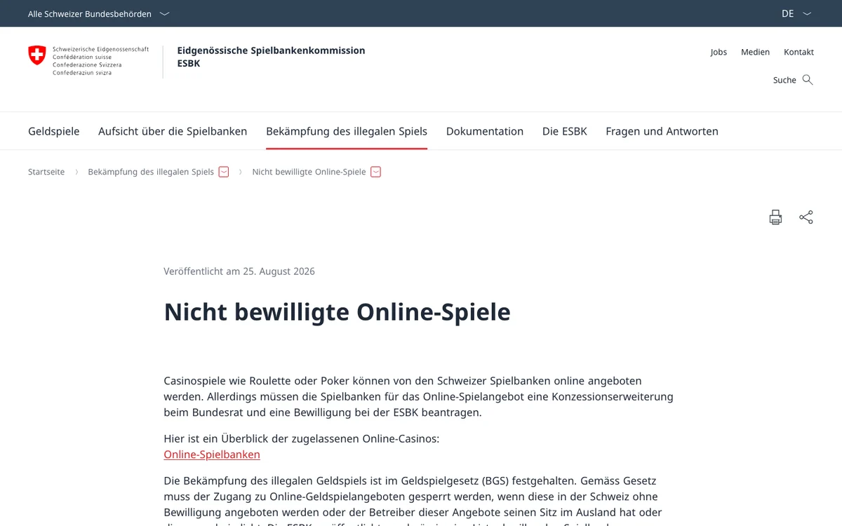 Informationsseite «Nicht bewilligte Online-Spiele» der ESBK, auf die gesperrte Aufrufe umgeleitet werden, Stand August 2026