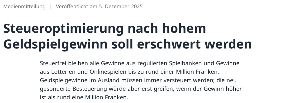 ESTV, Medienmitteilung vom 5. Dezember 2025: Geldspielgewinne im Ausland müssen immer versteuert werden