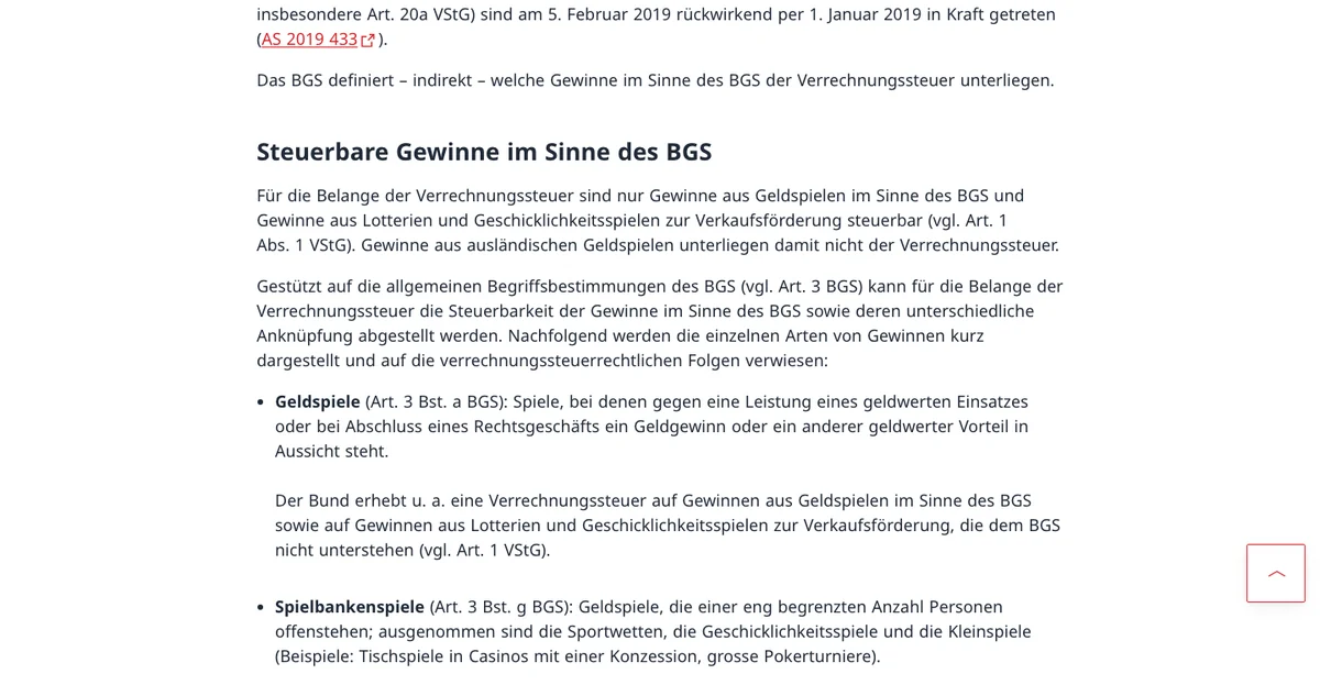 ESTV-Seite «Geldspielgewinne und Geldspielgesetz»: steuerbare Gewinne im Sinne des BGS, Gewinne aus ausländischen Geldspielen ohne Verrechnungssteuer