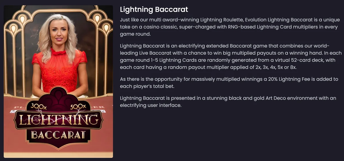 Lightning Baccarat auf der Website von Evolution: 1 bis 5 Lightning Cards mit 2x bis 8x, 20 % Gebühr