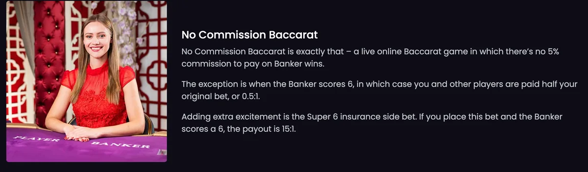 No Commission Baccarat laut Evolution: Bankgewinn mit 6 Punkten zahlt die Hälfte des Einsatzes