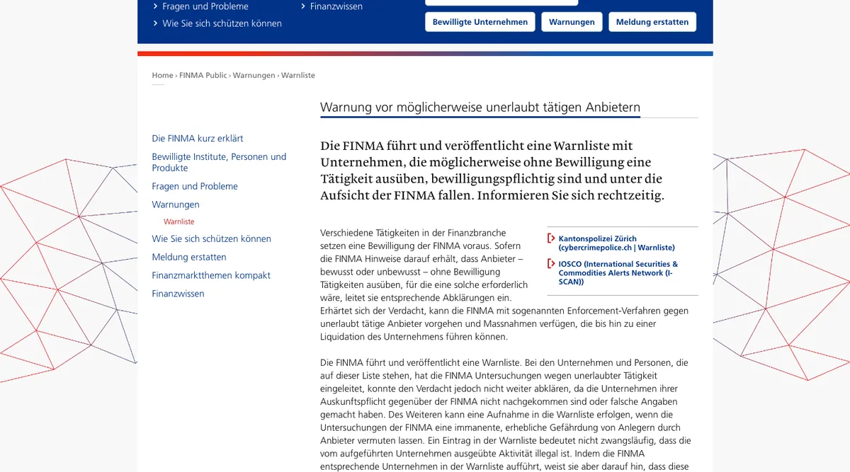 Seite «Warnliste» der FINMA mit der Warnung vor möglicherweise unerlaubt tätigen Anbietern, Stand Oktober 2026
