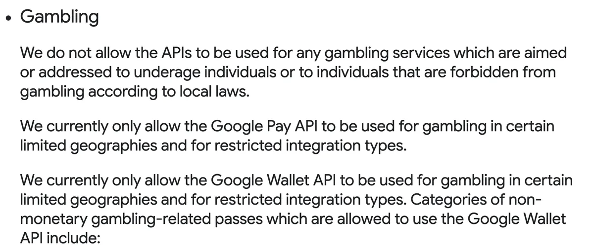 Richtlinie von Google zu Glücksspiel: Google Pay API nur in bestimmten, begrenzten Regionen und für eingeschränkte Einbindungen