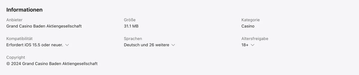 App-Store-Angaben der Jackpots.ch-App: Anbieter Grand Casino Baden, Altersfreigabe 18+