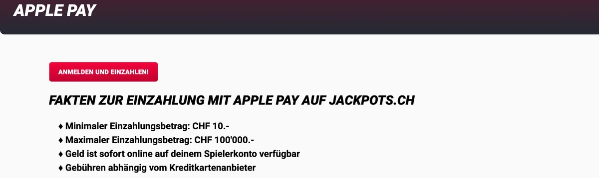 Apple-Pay-Einzahlung bei Jackpots.ch mit Rahmen CHF 10 bis CHF 100'000