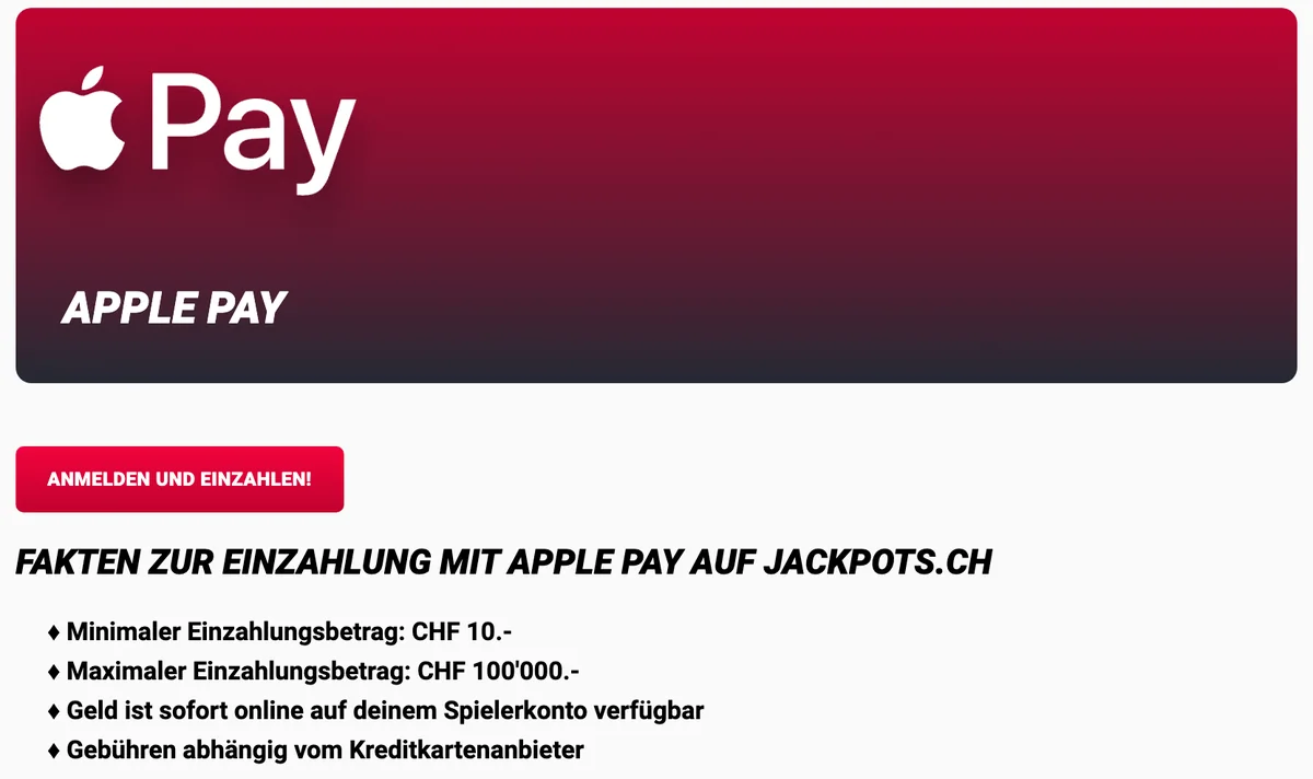 Apple Pay bei Jackpots.ch: CHF 10 bis CHF 100'000, Gebühren je nach Kreditkartenanbieter, Stand Oktober 2026