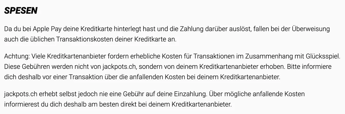 Jackpots.ch zu den Kosten einer Apple-Pay-Einzahlung über die hinterlegte Kreditkarte, Stand Oktober 2026