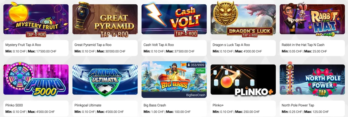 Arcade-Spiele bei Jackpots.ch mit Plinko 5000, Plinko+ und Big Bass Crash samt Einsatzrahmen