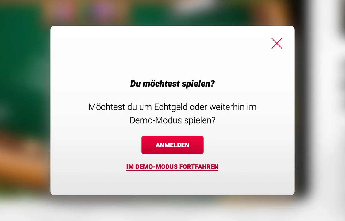 Jackpots.ch fragt vor dem Spiel: Echtgeld oder Demo-Modus, Knopf «Im Demo-Modus fortfahren»
