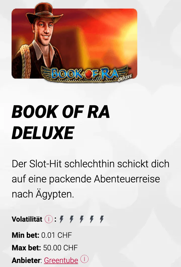 Spielübersicht von Book of Ra Deluxe bei Jackpots.ch mit Volatilität in Blitzen und Einsatz von CHF 0.01 bis 50