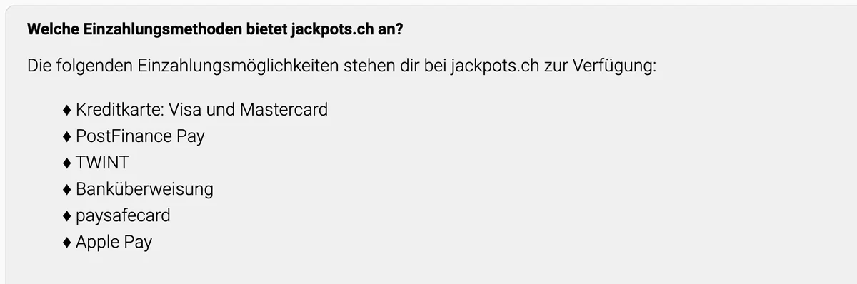 FAQ von Jackpots.ch zu den Einzahlungsmethoden: Karten, PostFinance Pay, TWINT, Banküberweisung, paysafecard und Apple Pay, kein PayPal