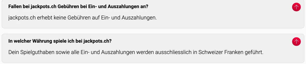 FAQ von Jackpots.ch: keine Gebühren, Spielguthaben und alle Ein- und Auszahlungen ausschliesslich in Schweizer Franken