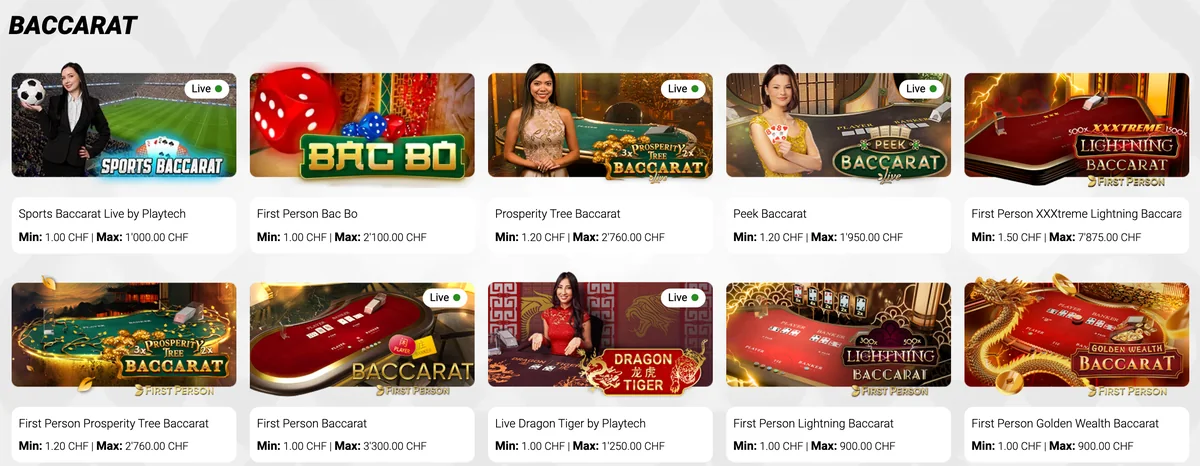 Baccarat bei Jackpots.ch: First Person Baccarat von CHF 1 bis 3'300 neben Live-Tischen