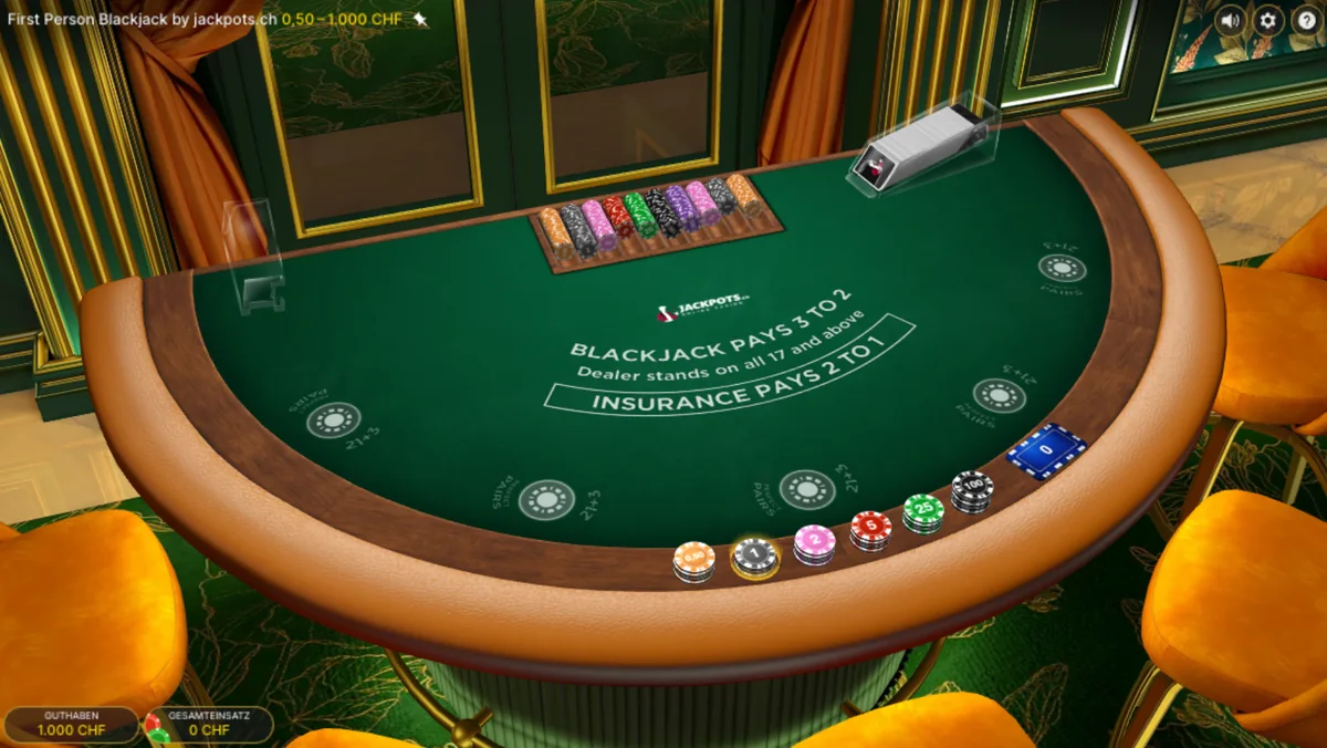 First Person Blackjack von Evolution im Demo-Modus bei Jackpots.ch, Tisch mit fünf Plätzen und Spielgeld