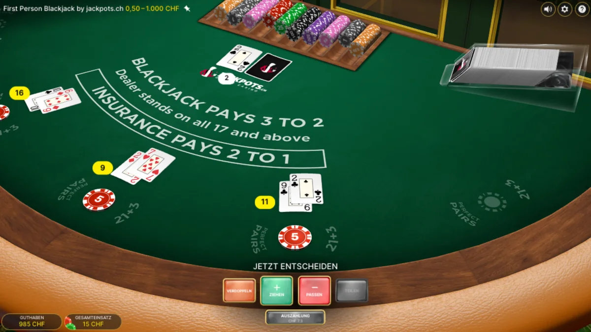 Knöpfe Verdoppeln, Ziehen, Passen und Teilen im Demo-Modus bei Jackpots.ch, harte 11 gegen eine 2 des Dealers