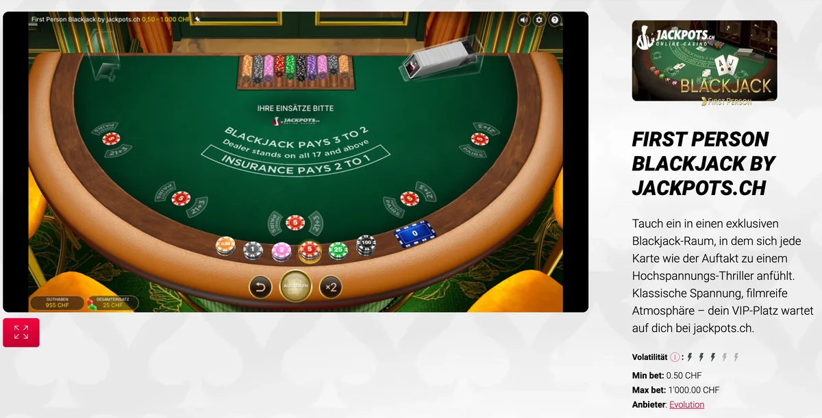 First Person Blackjack im Demo-Modus bei Jackpots.ch: Einsätze auf fünf Händen, CHF 0.50 bis CHF 1'000