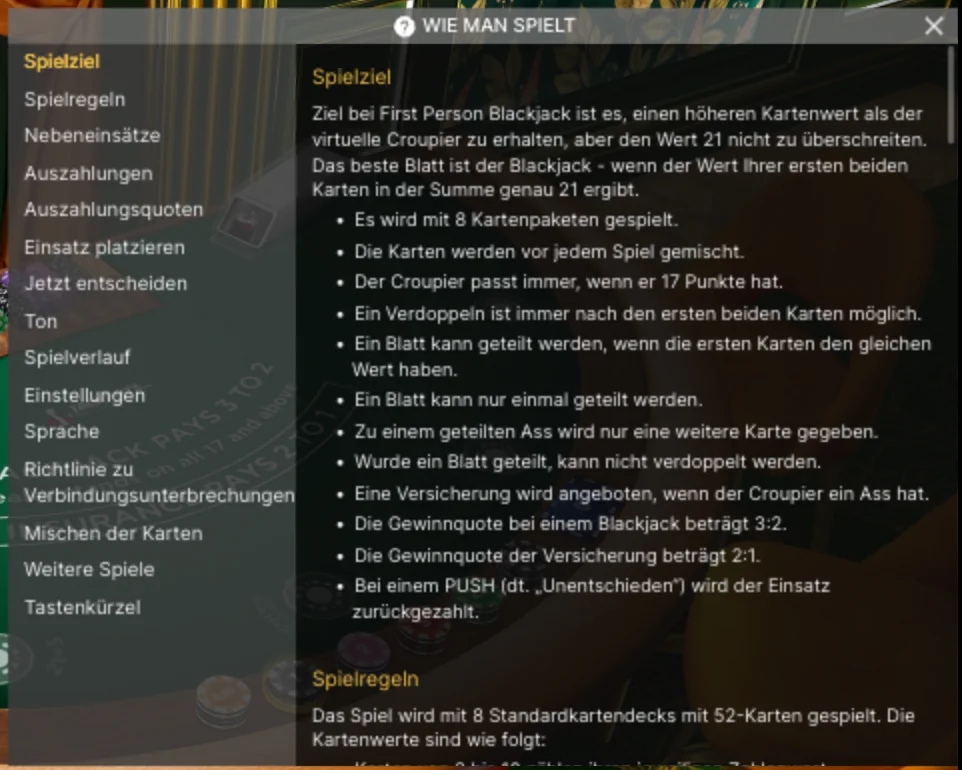 Info-Fenster von First Person Blackjack im Demo-Modus: Spielziel, Regeln und Auszahlungsquoten